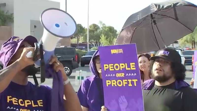 Healthcare workers rallied outside Sunrise Hospital in Las Vegas as SEIU 1107 says talks with...