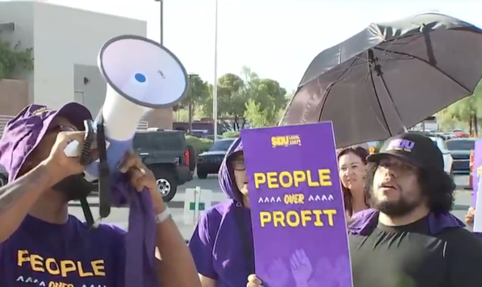 Healthcare workers rallied outside Sunrise Hospital in Las Vegas as SEIU 1107 says talks with...