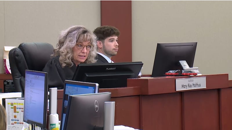 Judge Mary Kay Holthus speaks to attorneys during today's proceedings. She