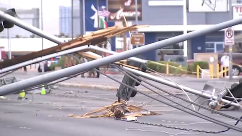 Power poles damaged along Tropicana and Pecos following wind storm with gusts up to 70 MPH in...