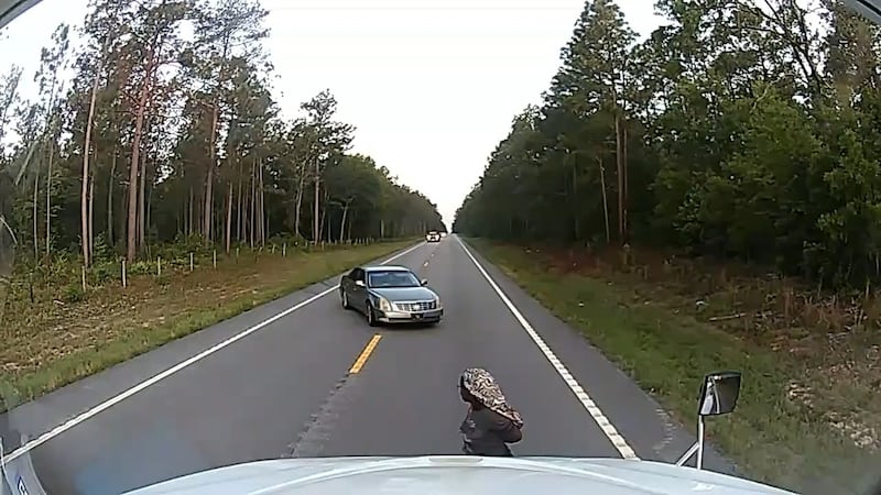 En esta imagen extraída de un video grabado con la cámara de un tablero de camión, se ve a una...