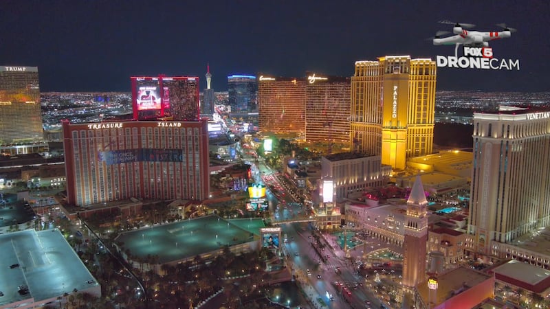 The north of the Las Vegas Strip, including Treasure Island, Palazzo and Strat, seen in...