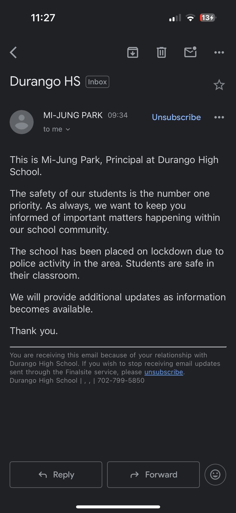 Parent Sergio Reyes shared a screenshot of an email he received from Durango high school’s...
