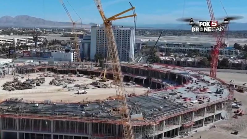 Drone footage of the Athletics stadium on the Las Vegas Strip.