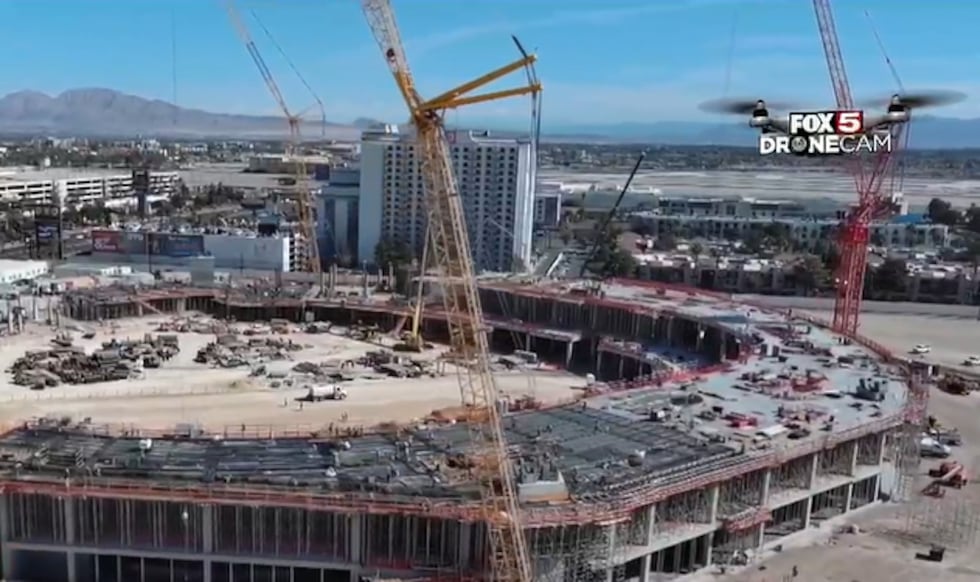 Drone footage of the Athletics stadium on the Las Vegas Strip.