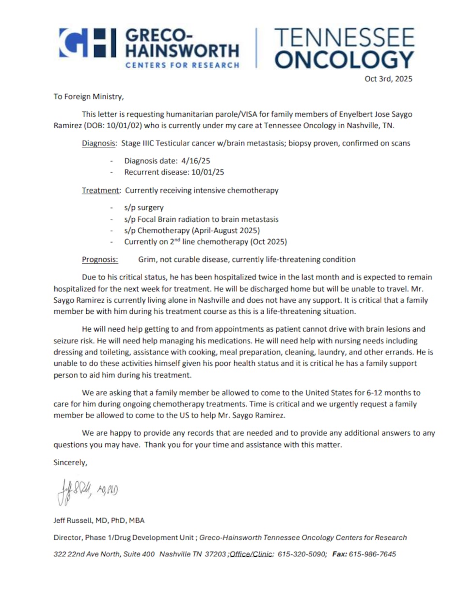 Reporte médico sobre el estado de salud de José Sayago