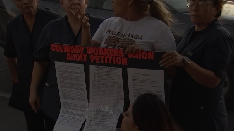 Culinary Union Local 226 members protested outside Las Vegas headquarters, demanding...