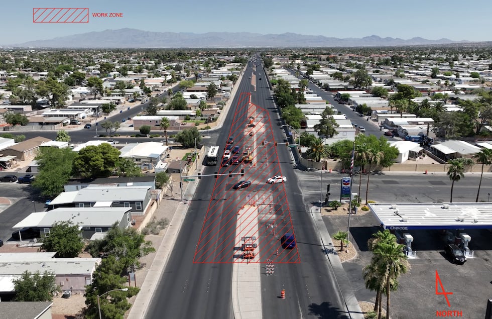 Las Vegas roadwork on Nellis Blvd at Twain Ave extended to Friday, Aug 21. Single-lane...