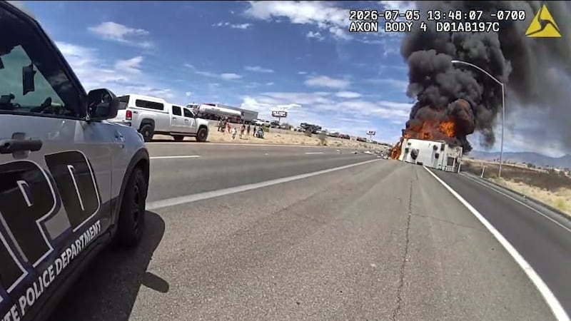 Bystanders pulled people from burning RV before it fully engulfed on I-15 near Nevada-Arizona...