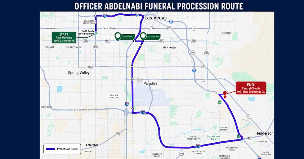LVMPD publica la ruta de la procesión para el funeral del oficial Austin Abdelnabi, que tendrá...