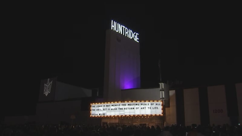 Huntridge Theater neon sign, marquee lights up downtown Las Vegas sky