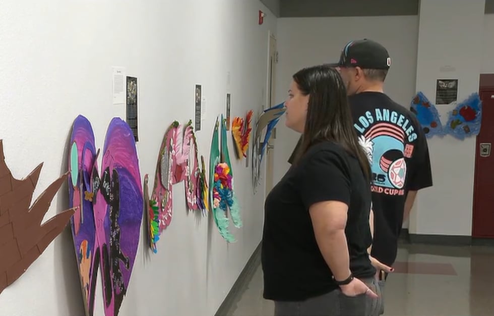 Las Vegas middle school students display angel wings to honor 1 October victims.