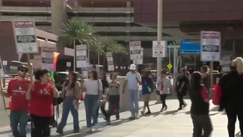 Los trabajadores sindicalizados se reunieron frente al Aeropuerto Internacional Harry Reid el...